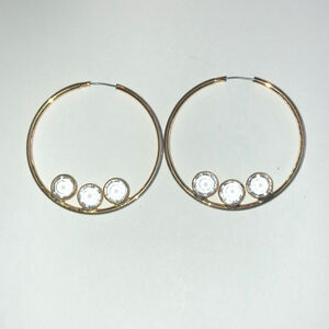 Vintage Gold Tone & Clear Retro Hoop Pierced Earrings
